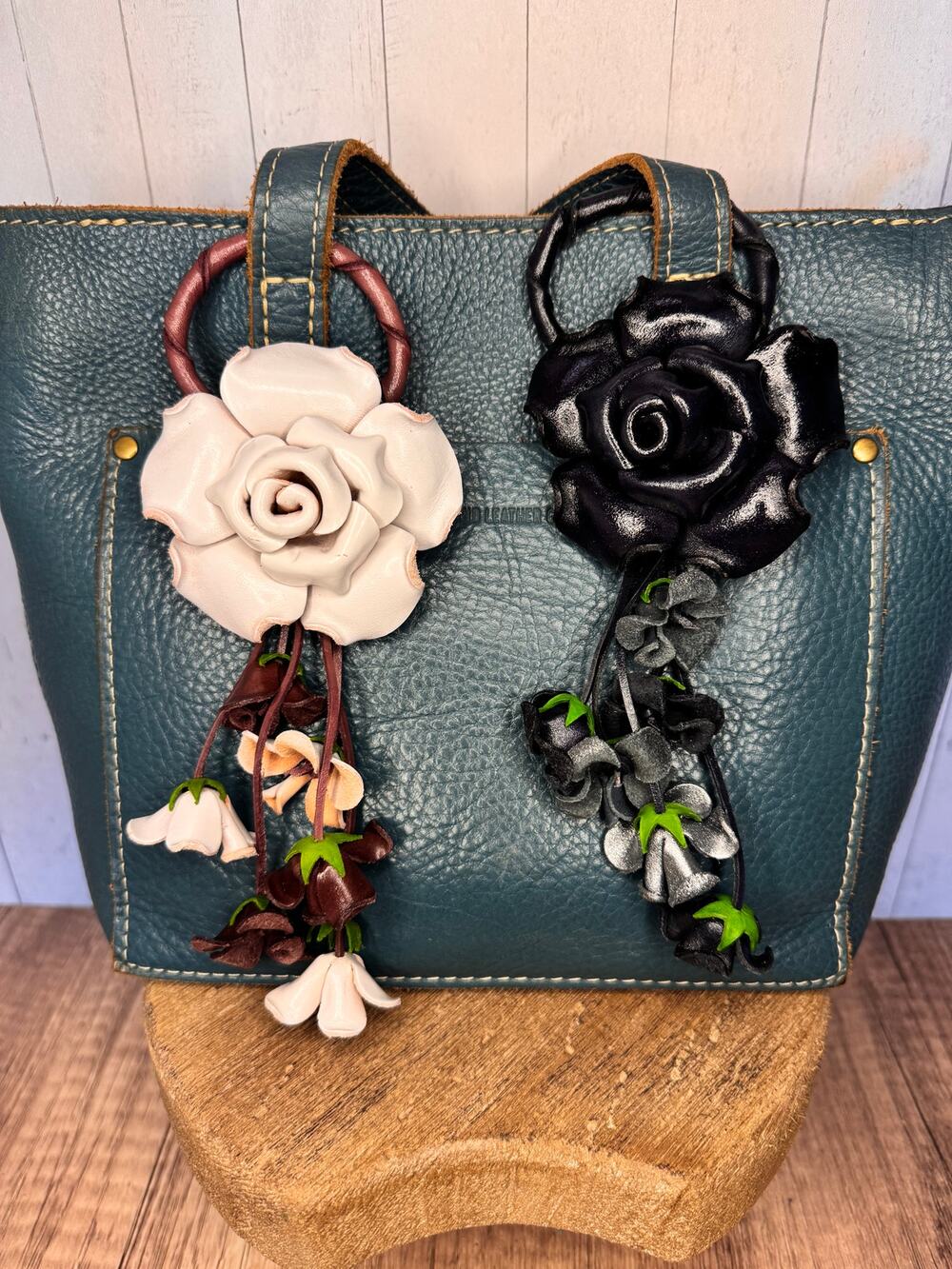 Black White Rose Purse Charm Bundle Genuine Leather Rose Flower Bag Charms